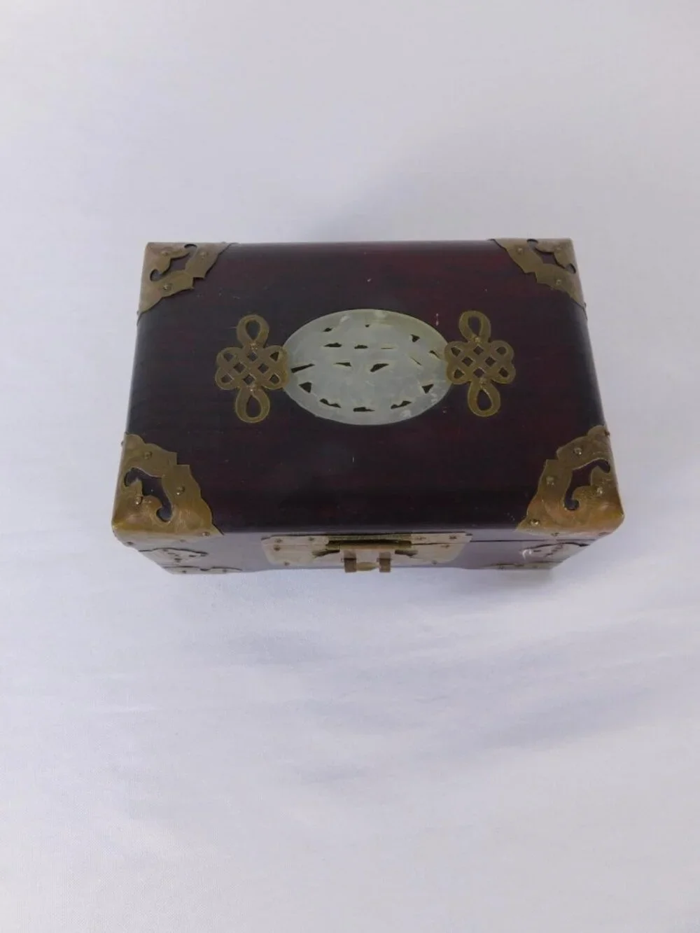 Vintage Chinese Wood Jewelry Box Brass Hardware Jade Inlay Style Lined Trinket